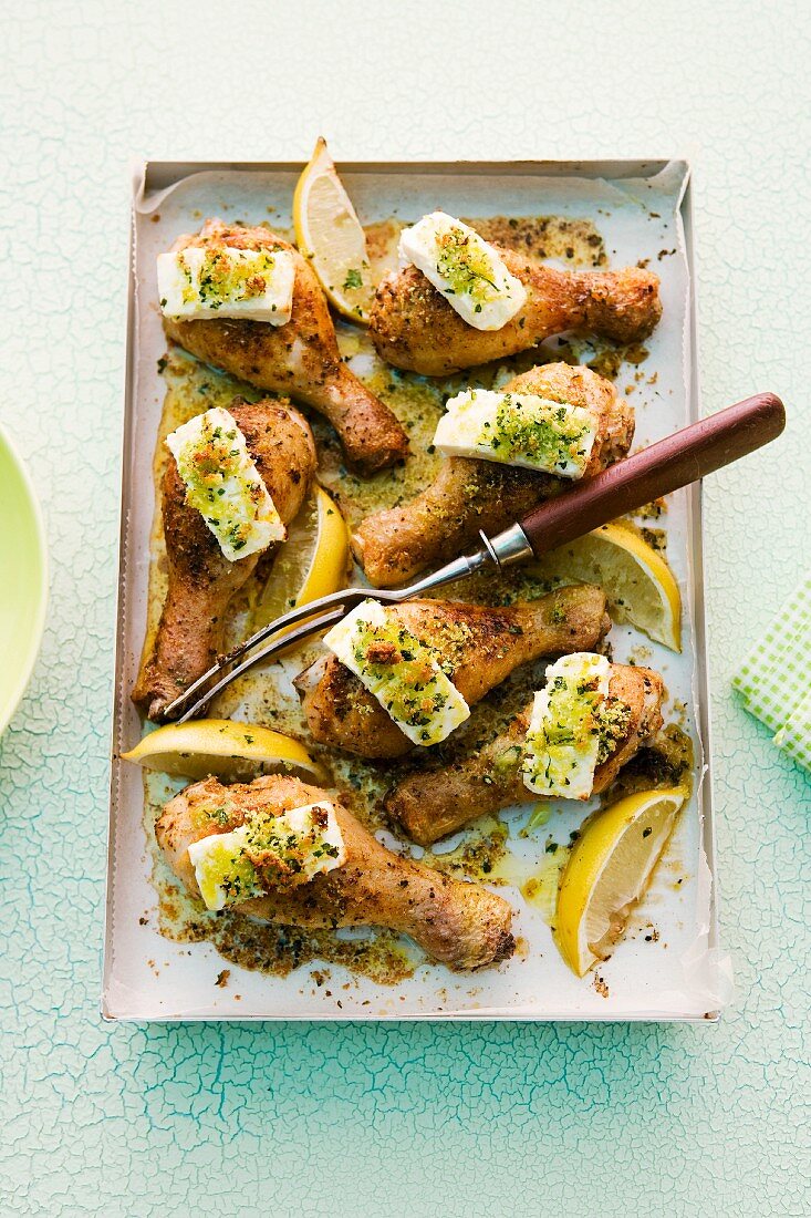 Chicken legs with herbs and feta