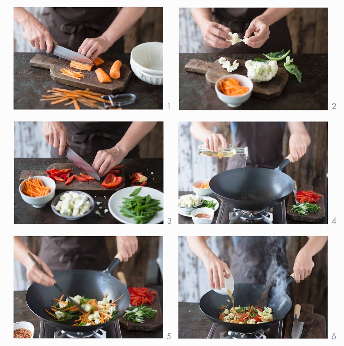 Cooking vegetables in wok