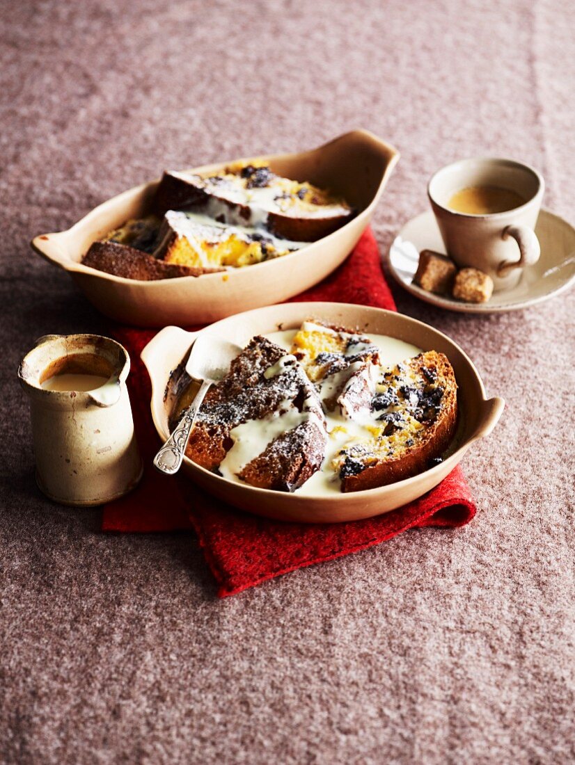 Bread-and-butter pudding made with panettone and chocolate (England)