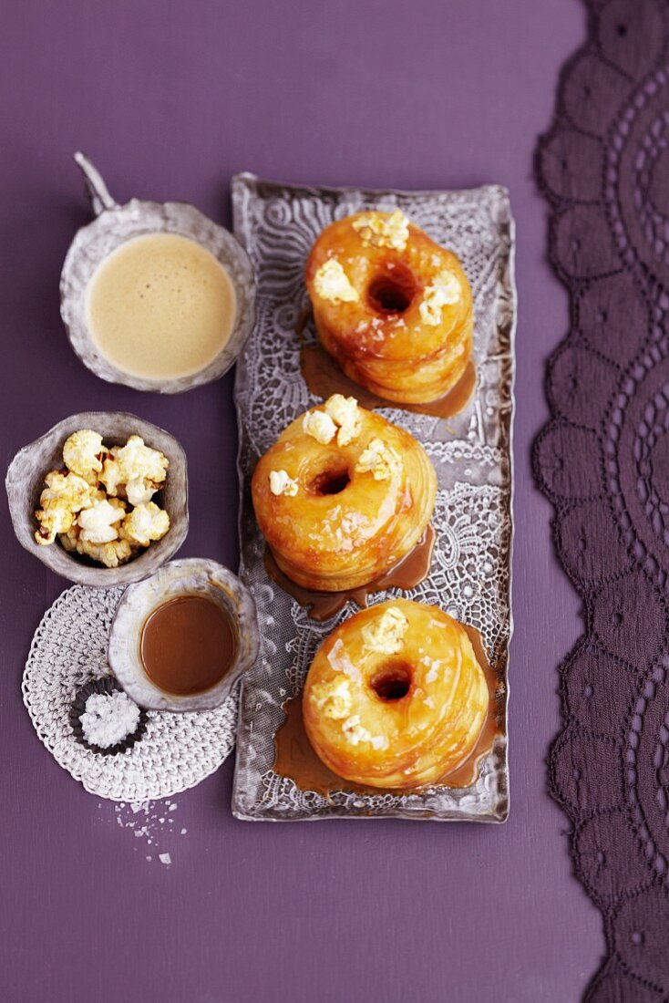 Croissant-Doughnuts with caramel and popcorn