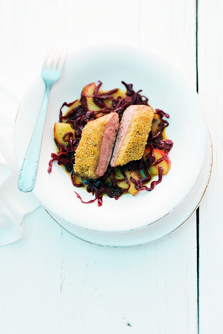 Duck breast with a chestnut crusty, caramelised apples and red cabbage