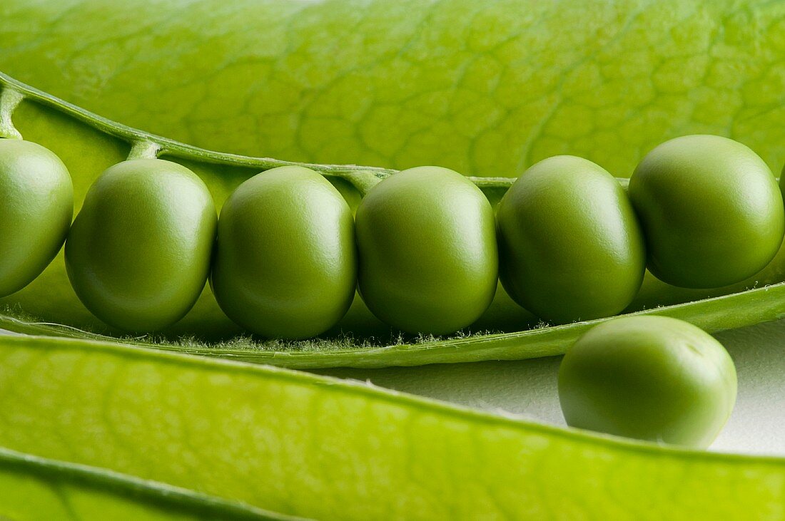 Fresh peas in an opened pod