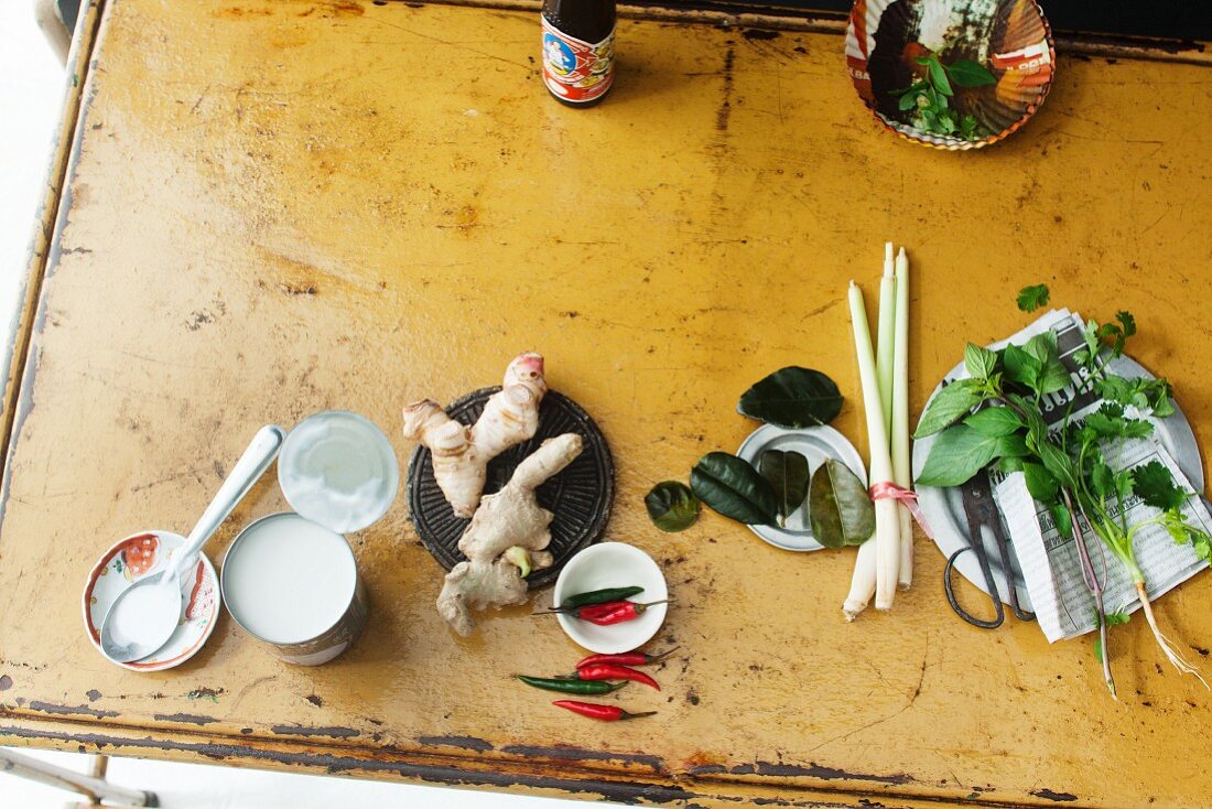 Arrangement of ingredients and spices for Thai dishes