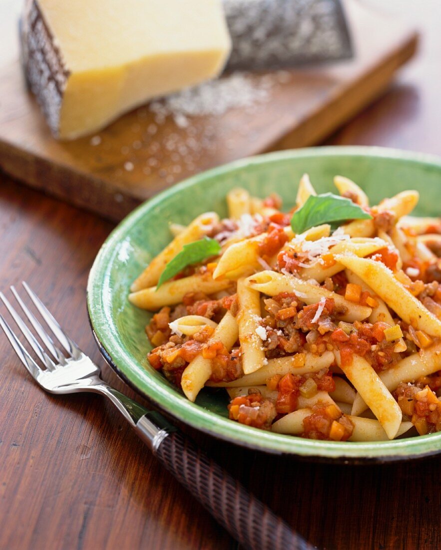 Penne with Bolognese sauce and Parmesan