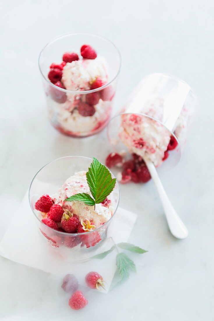 Meringue ice cream with raspberries
