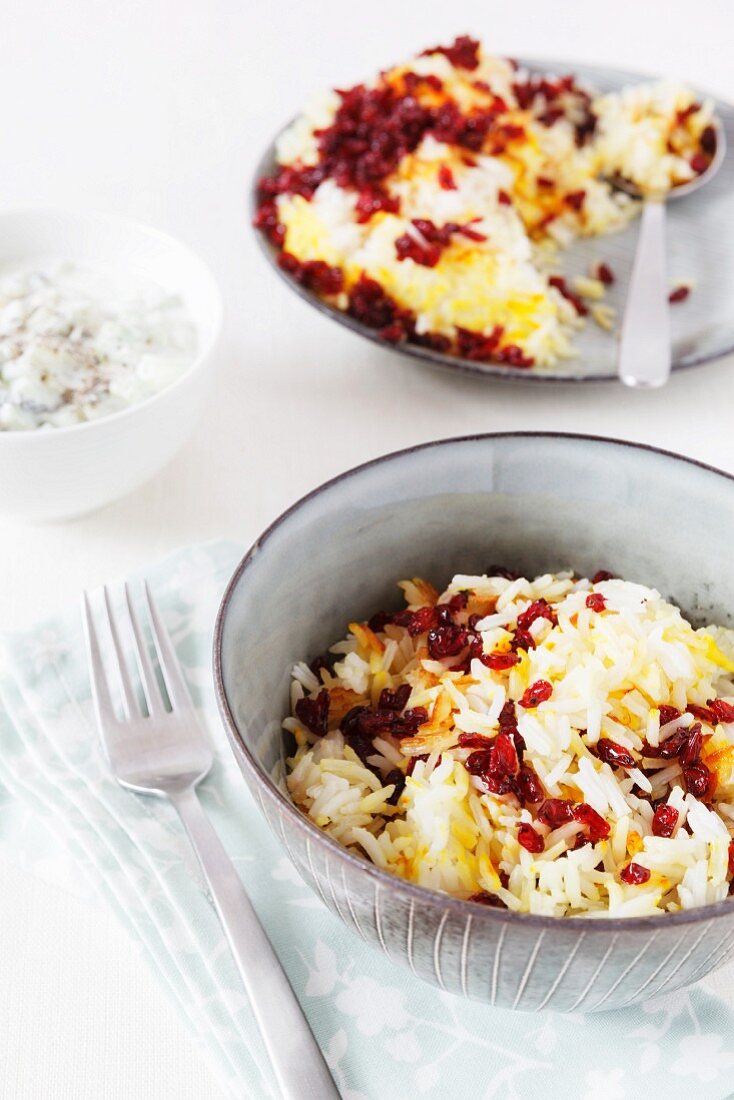 Persian saffron rice with barberries and mint yoghurt