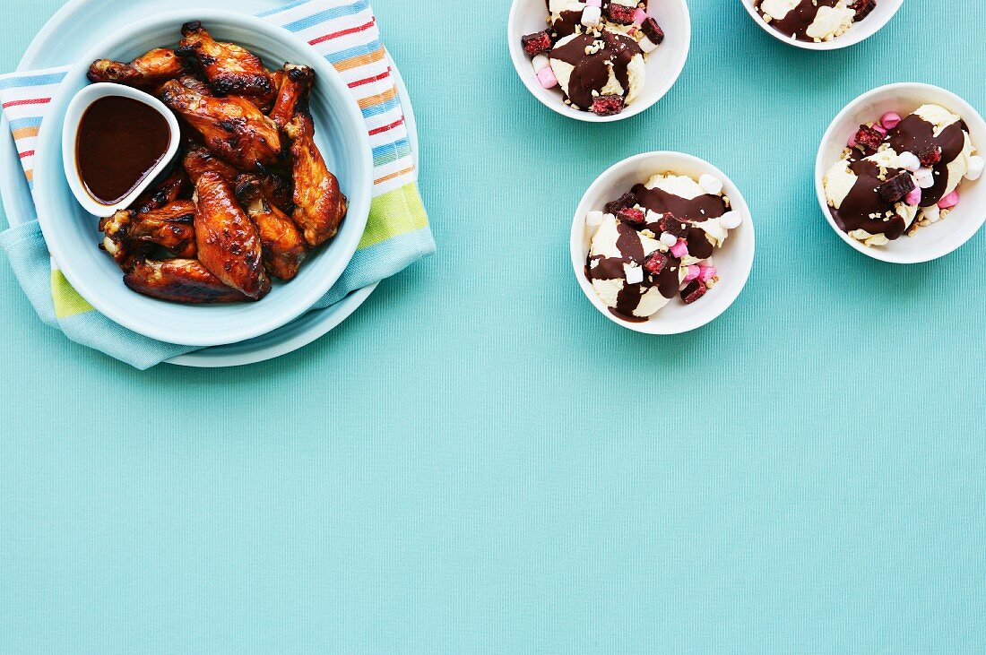 Barbecue chicken wings and ice cream desserts