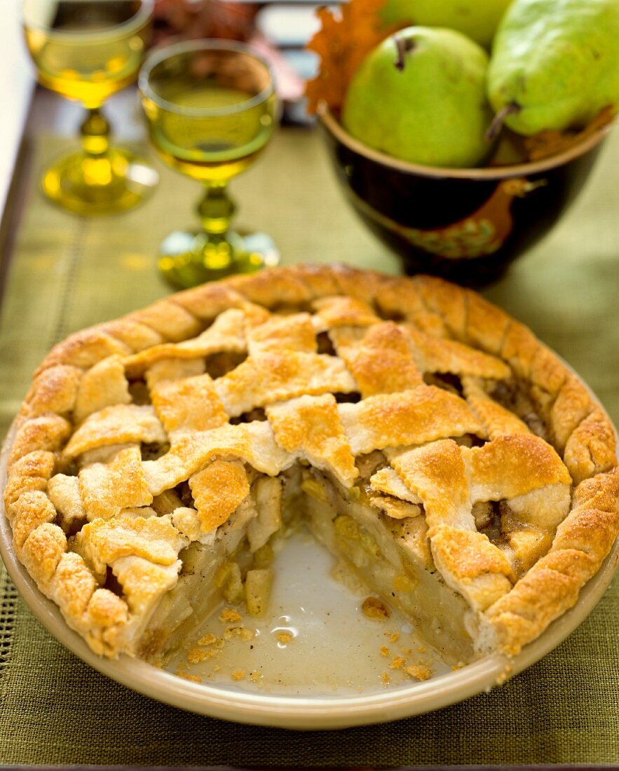 An autumnal pear pie, sliced