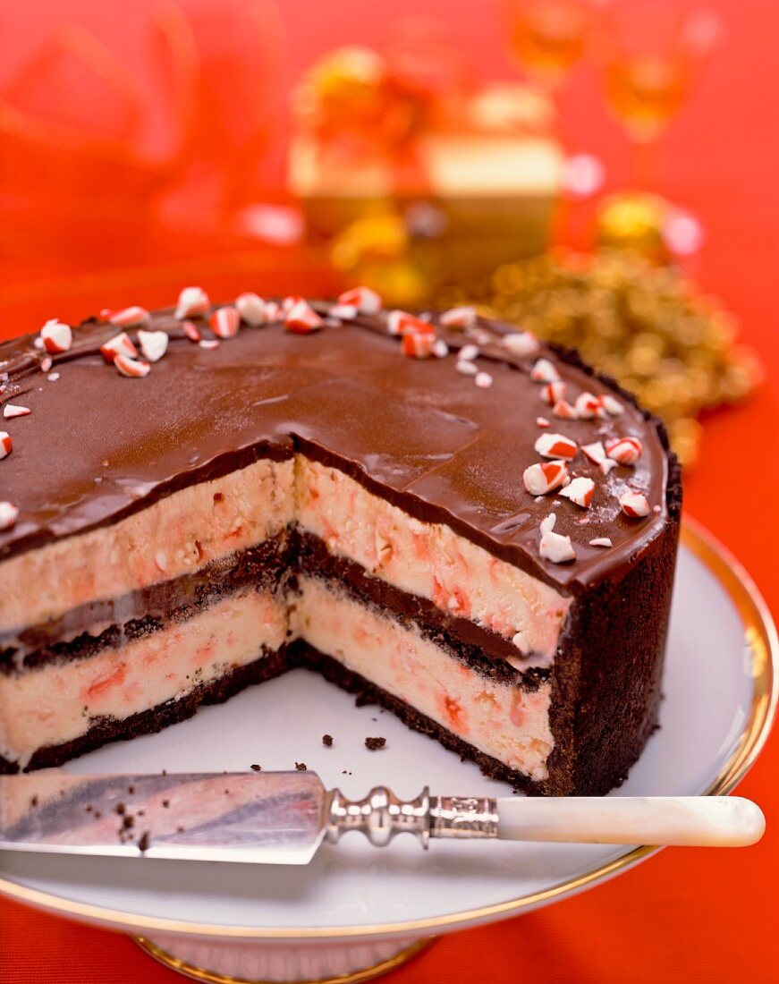 Chocolate ice cream cake with peppermint bonbons for Christmas