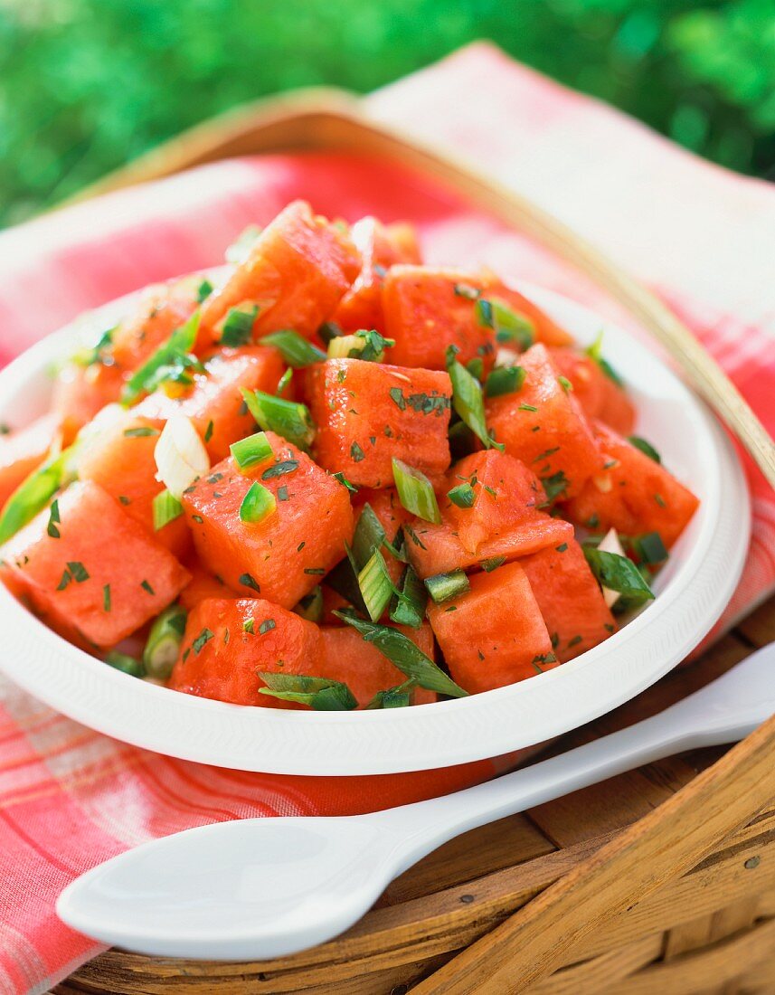 A summery watermelon salad with spring onions