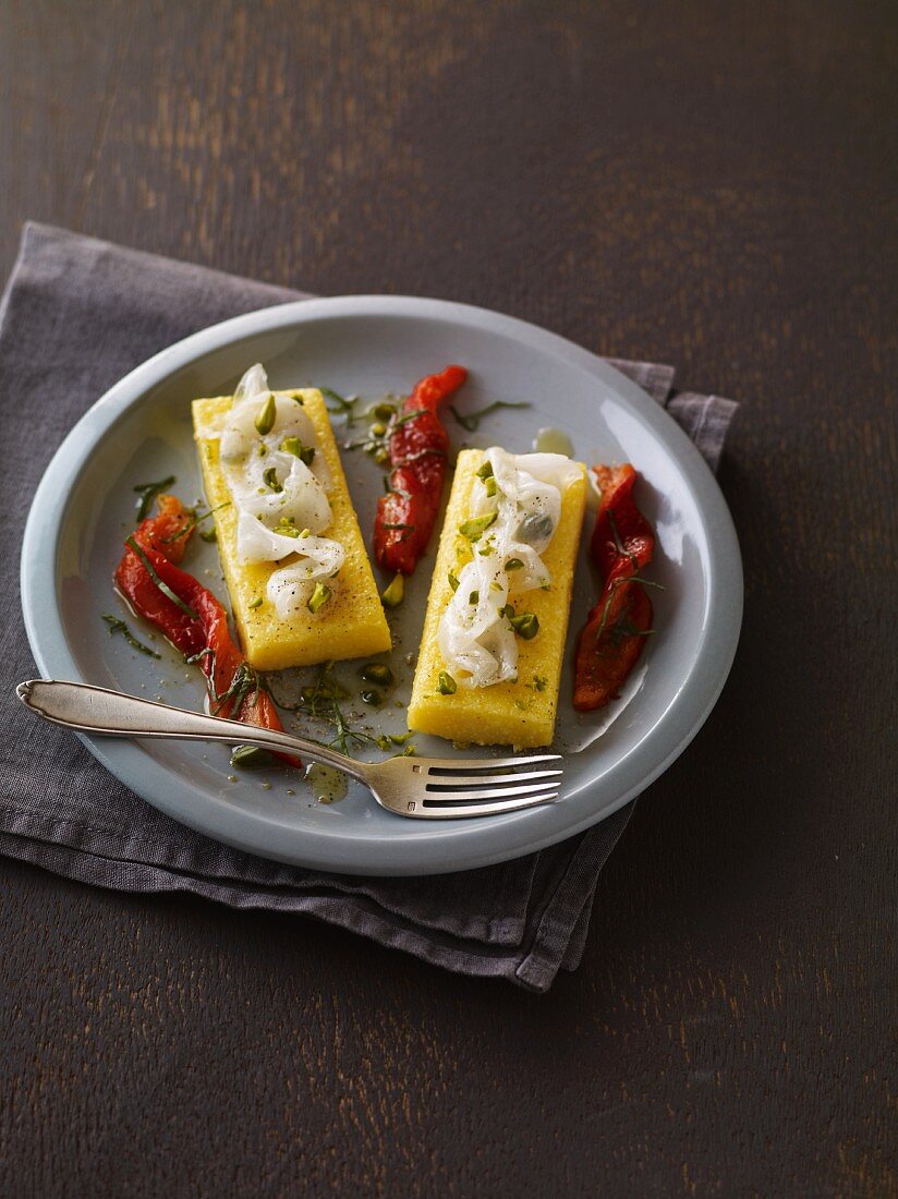 Polenta slices with peppers
