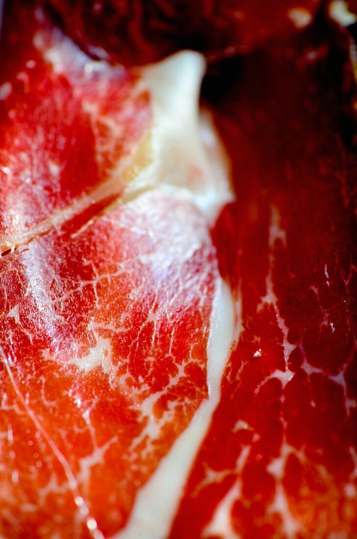 A close-up of air-dried Iberico ham from Spain