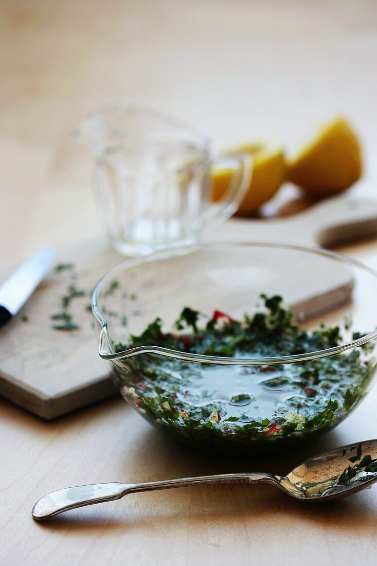 Chermoula sauce in a glass bowl