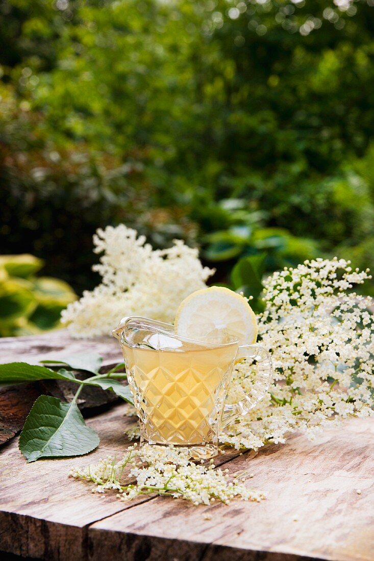 A glass of fresh elderflower syrup with flowers on a wooden table in a garden