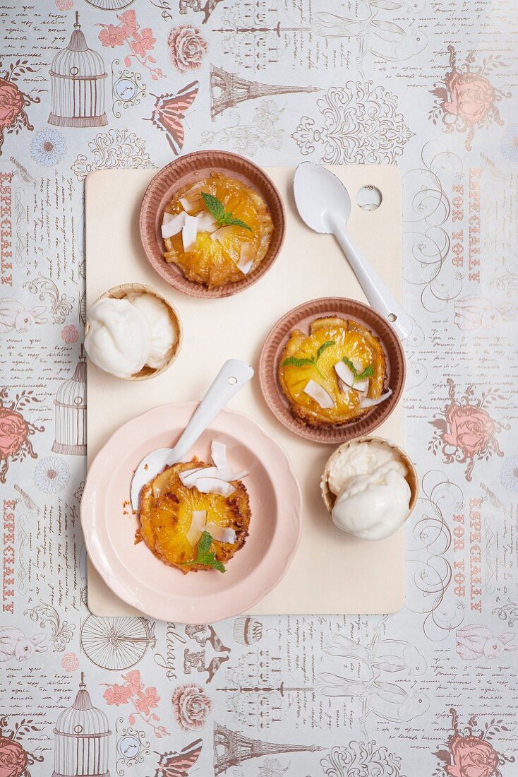 Pineapple tartlets with vanilla ice cream and coconut