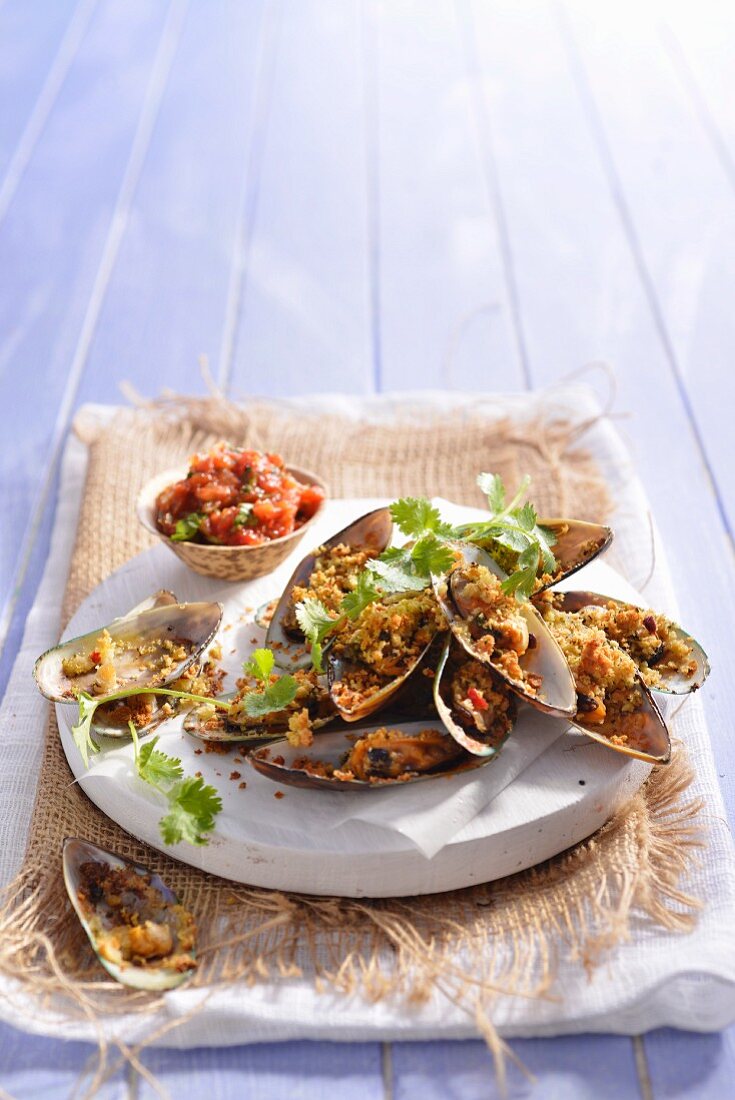Mussels gratinated with breadcrumbs served with tomato salsa