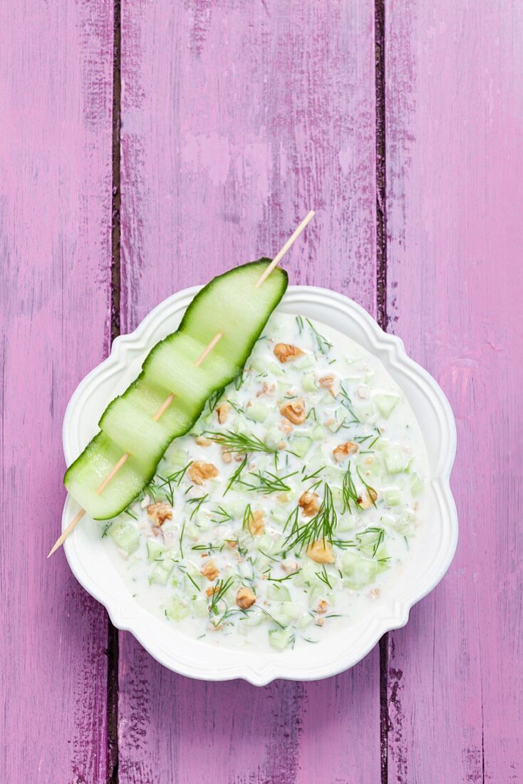 Cold cucumber soup with dill and nuts