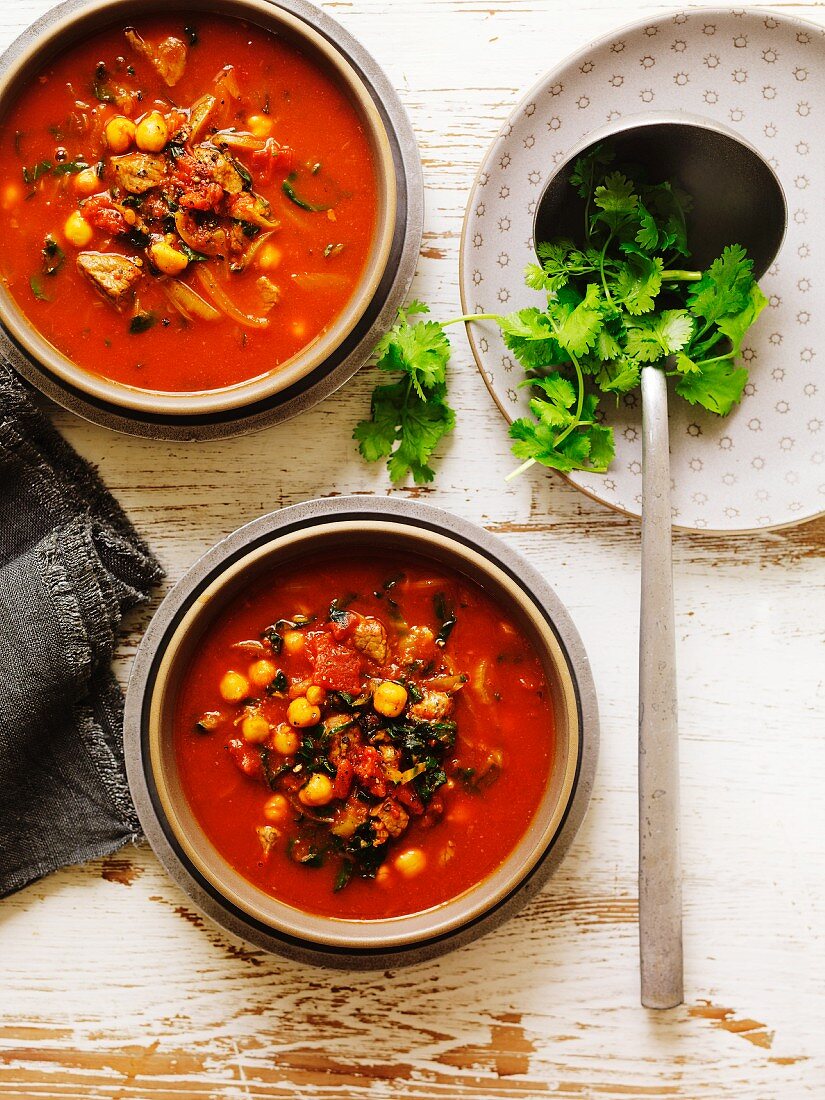 Tomato soup with chickpeas and lamb