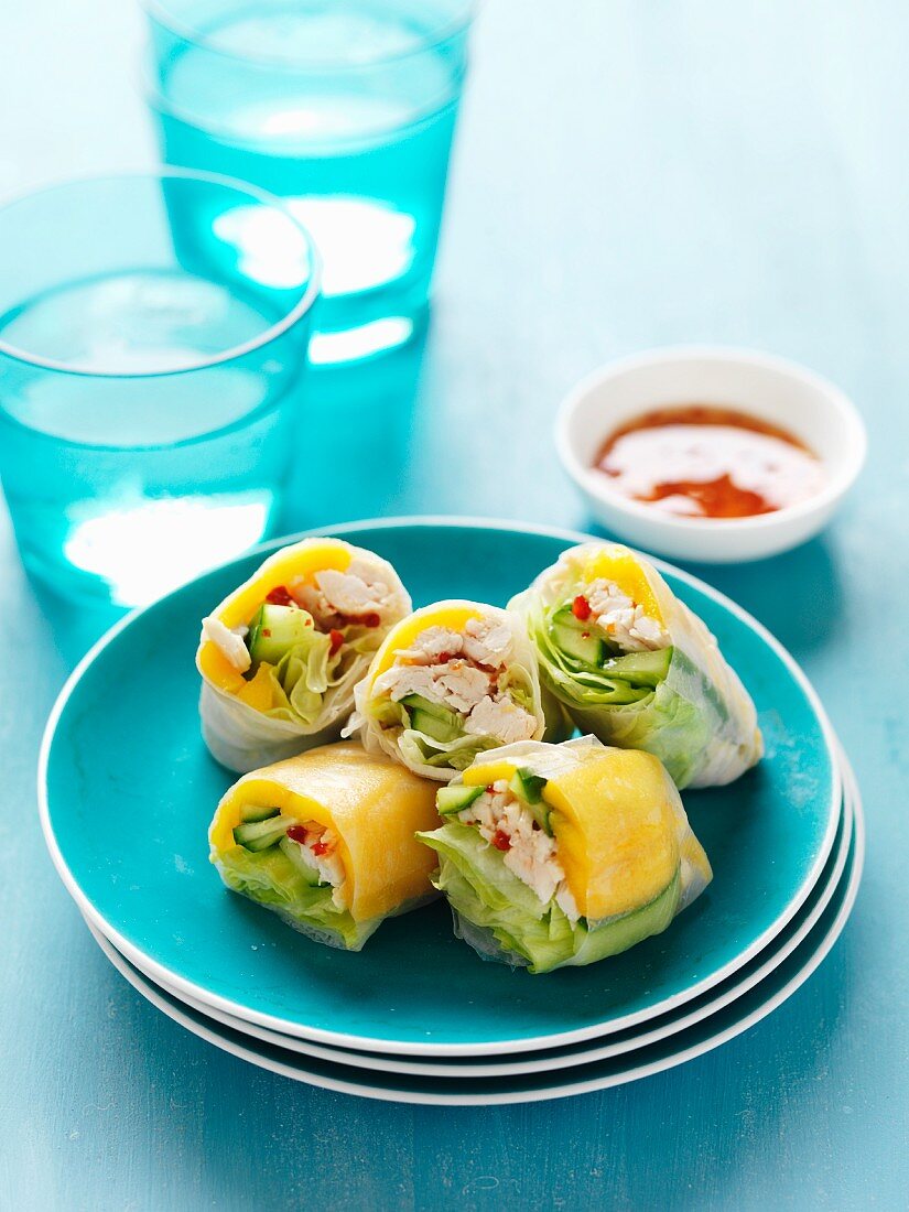 Rice paper rolls filled with chicken and mango