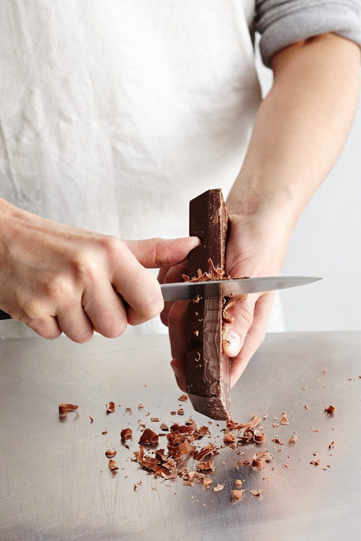 Chocolate curls being made