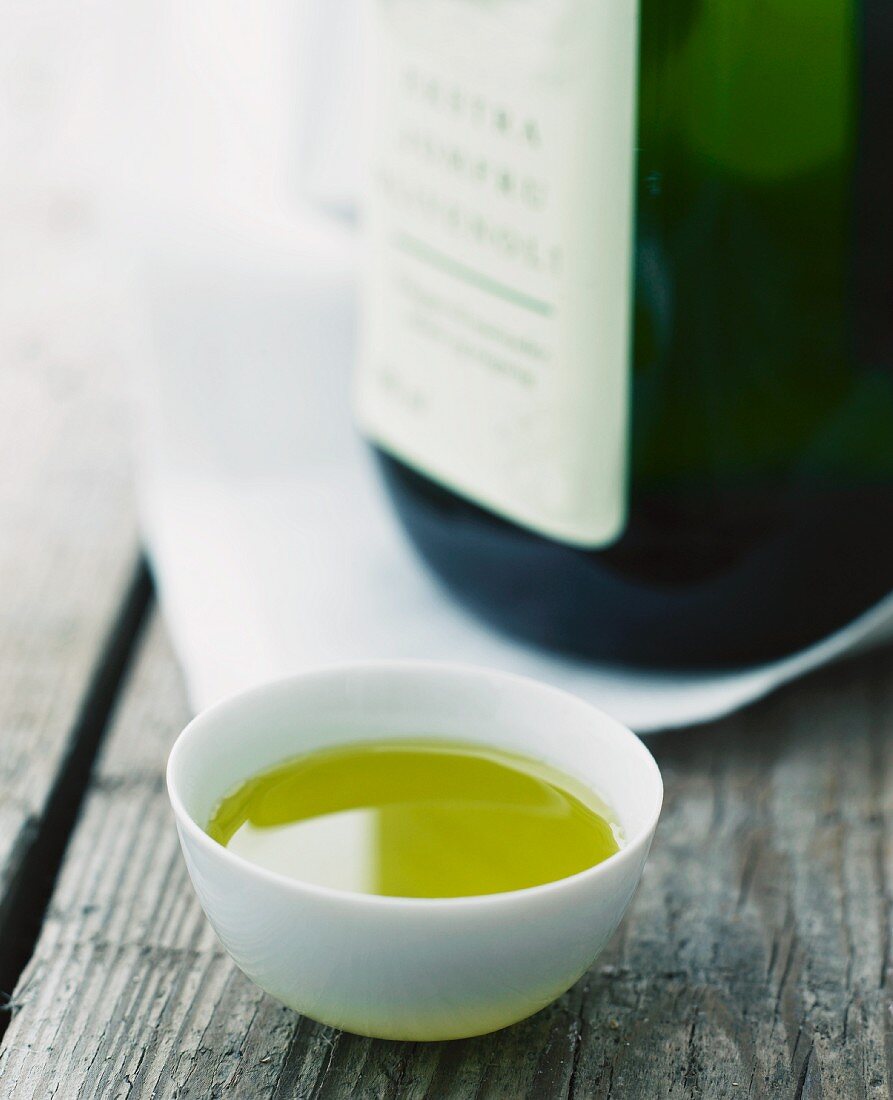 Olive oil in a white porcelain bowl