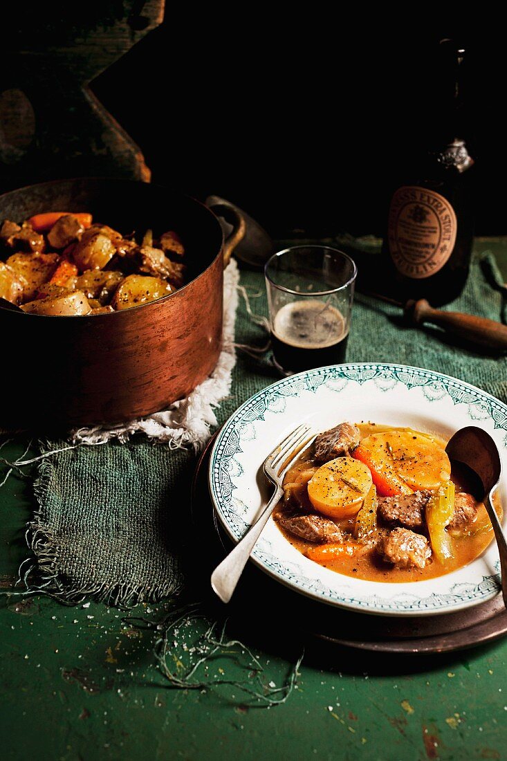 Irish lamb stew in a pot and on a plate