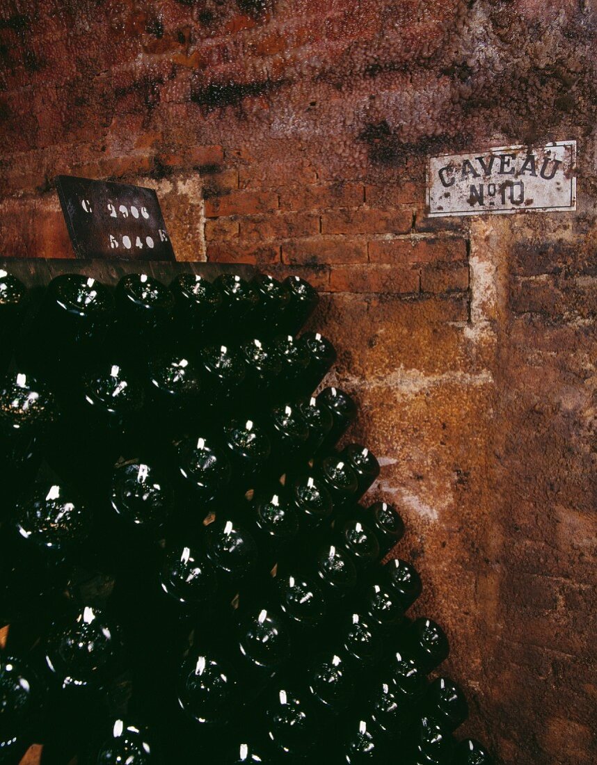 Champagnerflaschen in einem Rüttelpult