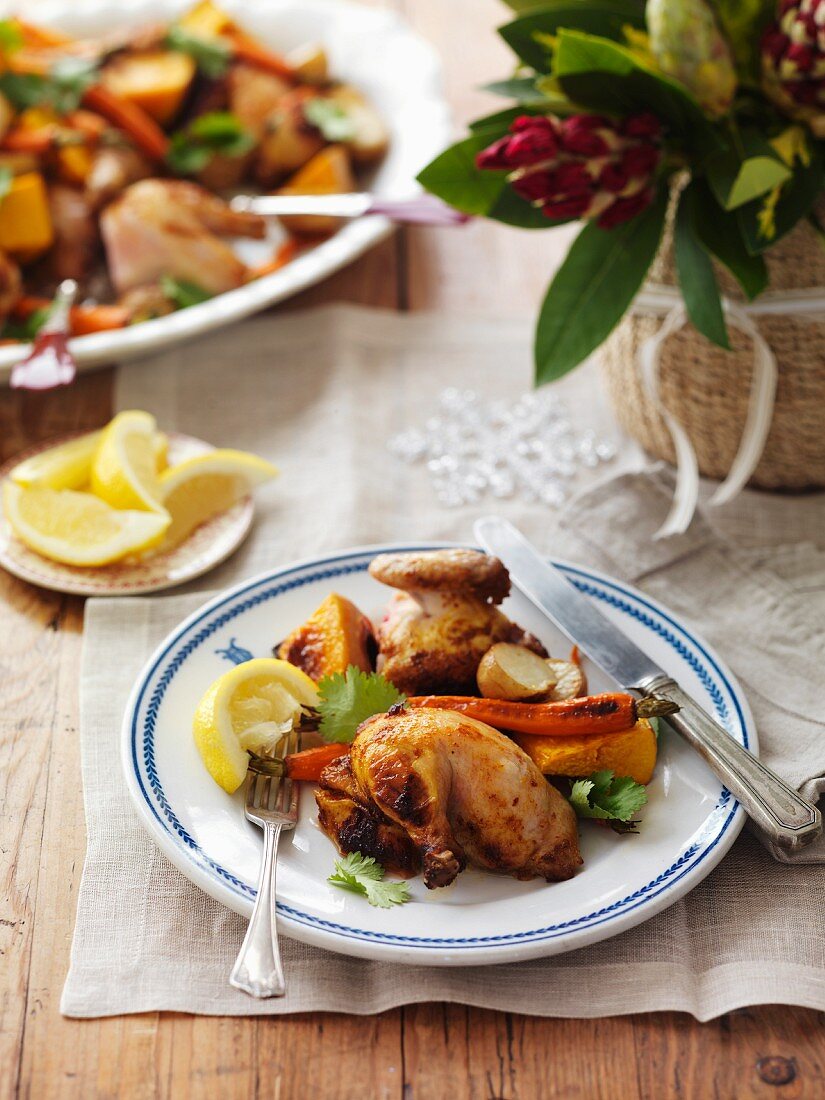 Spicy roast chicken with oven-roasted vegetables