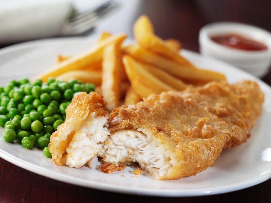 Battered cod with peas and chips