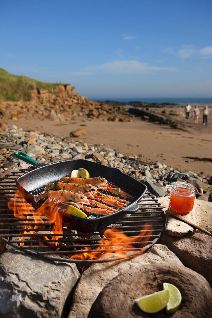 Scampi on a barbecue on a beach