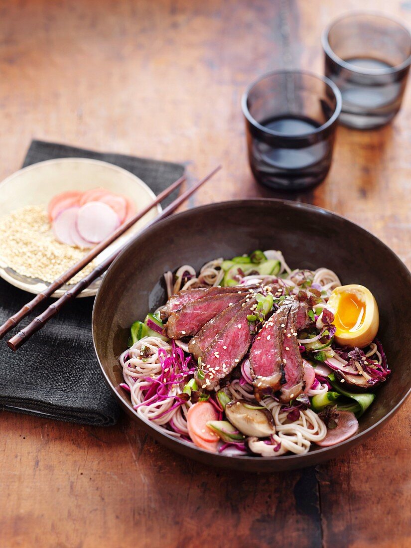 Wagyu beef and soba noodle salad with egg