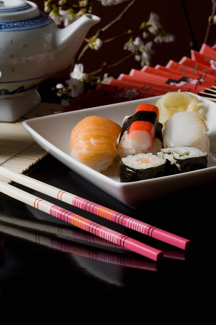 A sushi platter with tea (Japan)