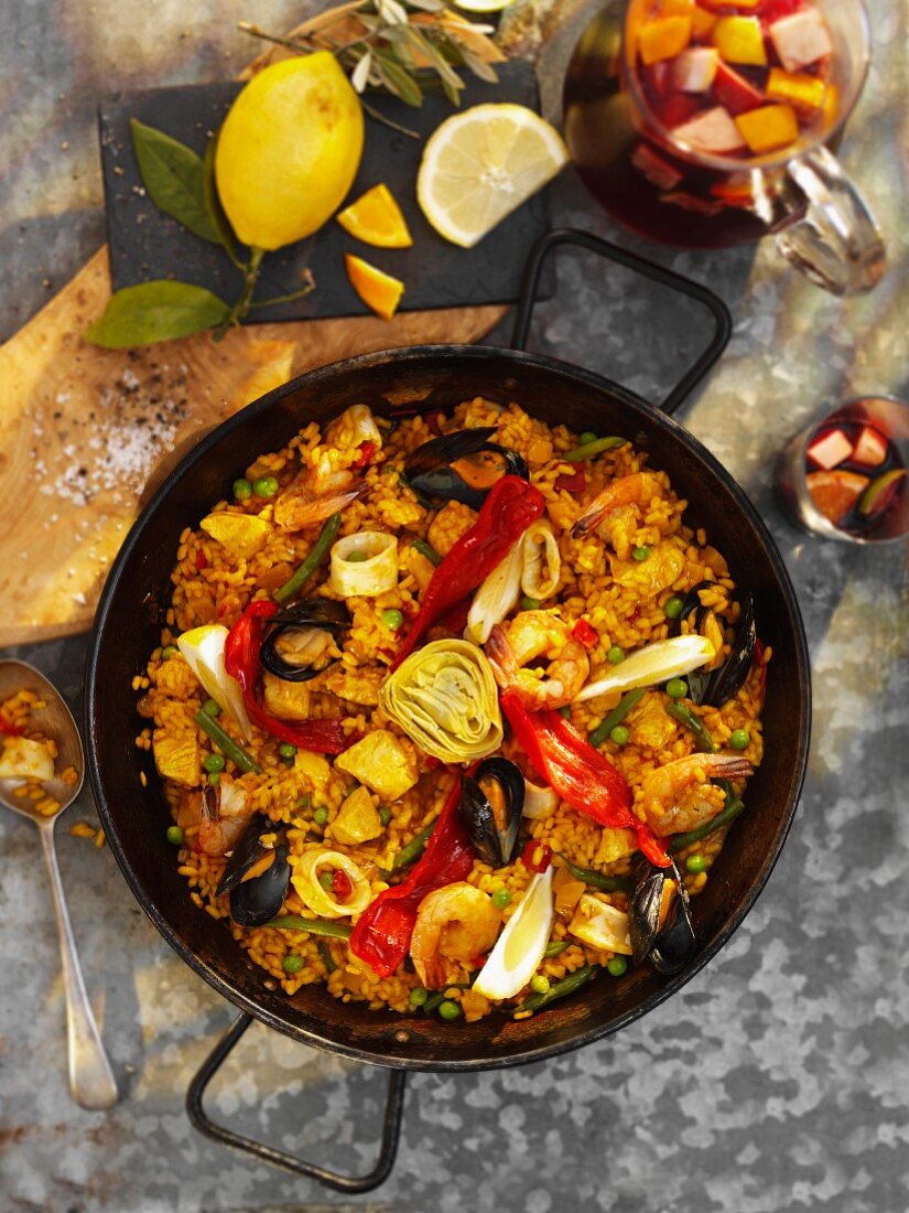 Paella with seafood and artichokes