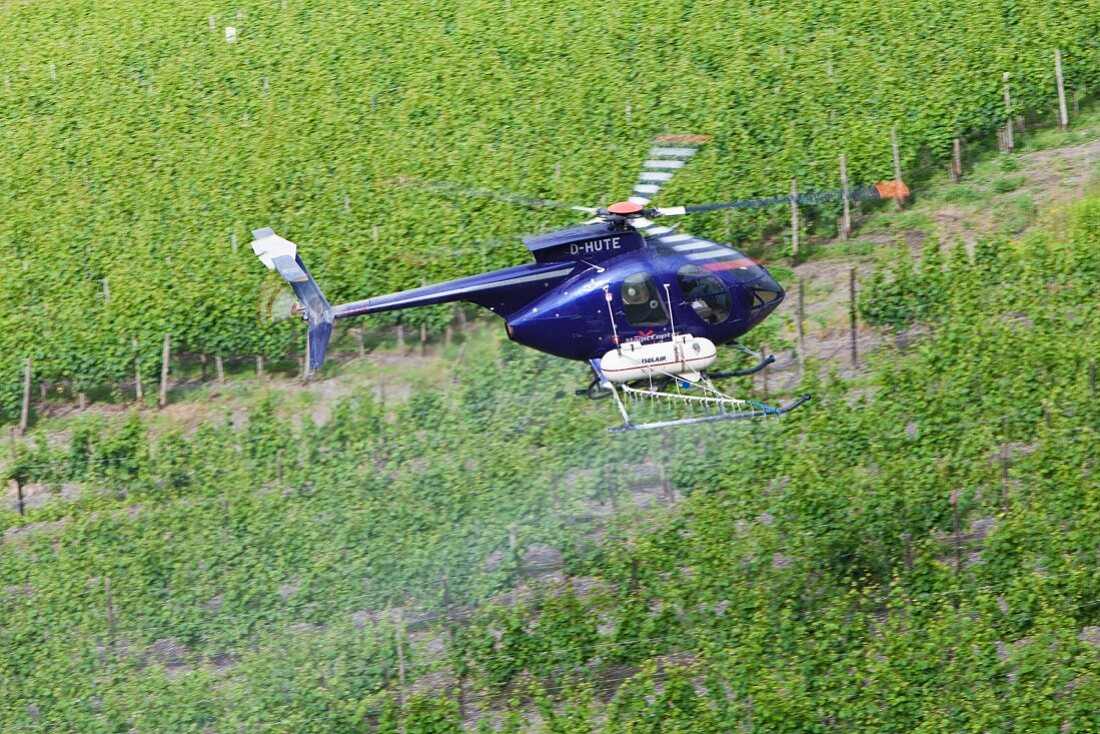 Schädlingsbekämpfung per Hubschrauber im Weinberg, Rheinland Pfalz, Deutschland