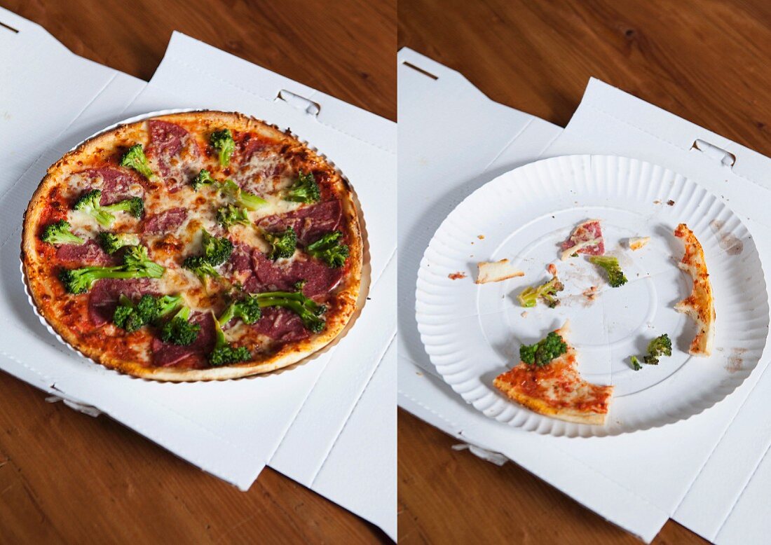 Takeaway Pizza im Karton, einmal ganz und fast aufgegessen