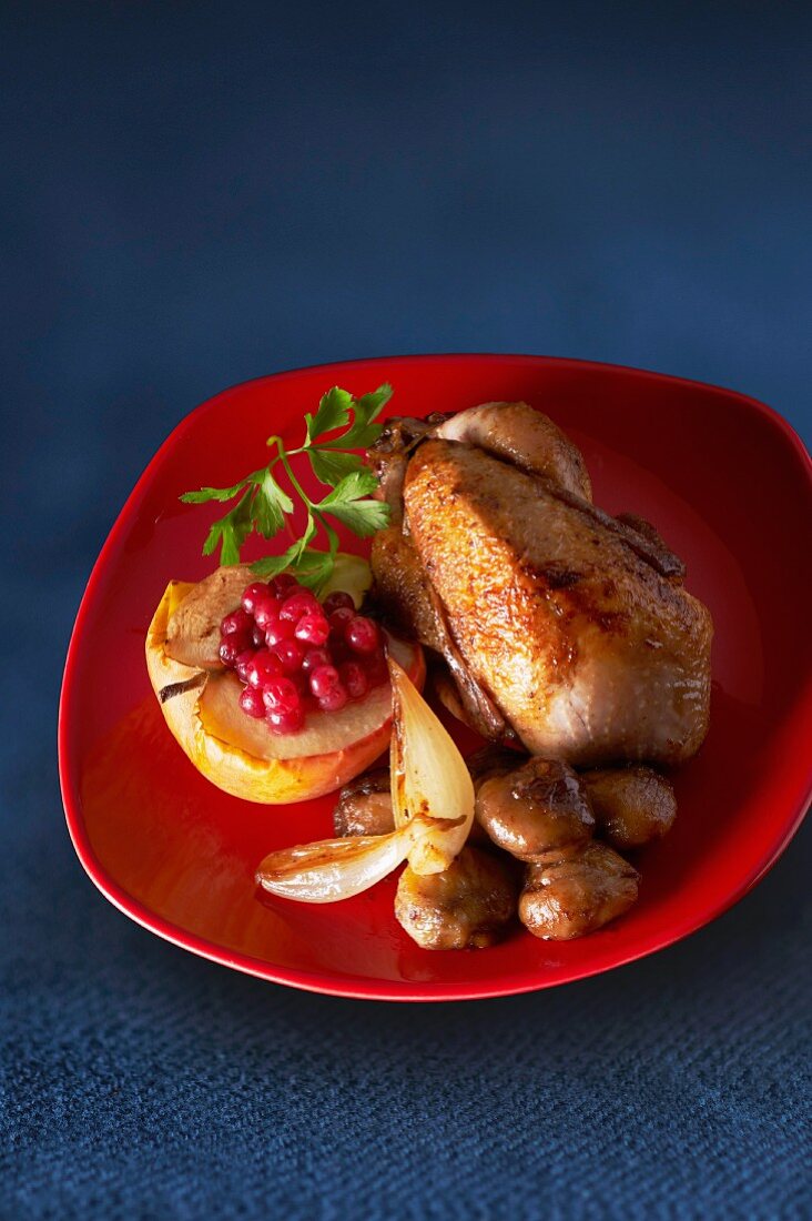 Roast quail with apple and chestnuts