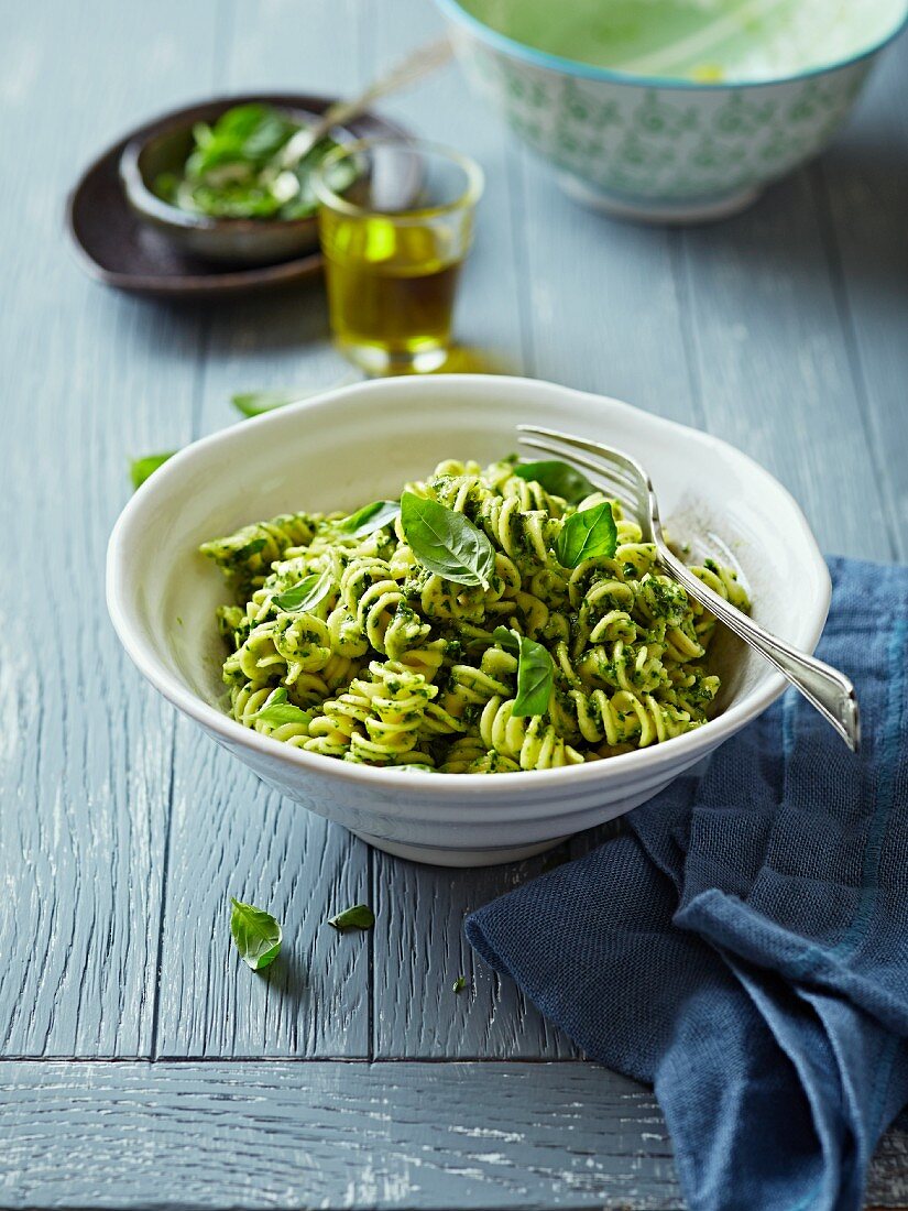 Fusilli with salsa verde and basil