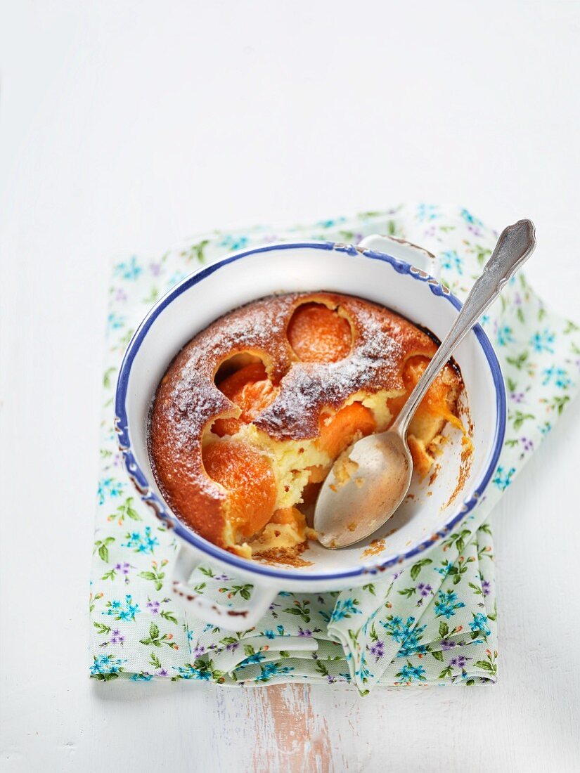 Apricot cake dusted with icing sugar in an old enamel baking tin