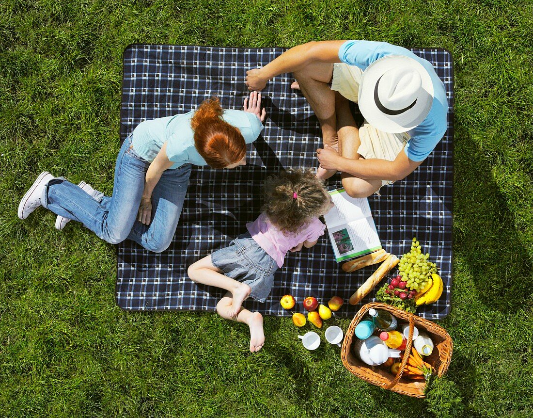 A family having a picnic on a blanket on the lawn
