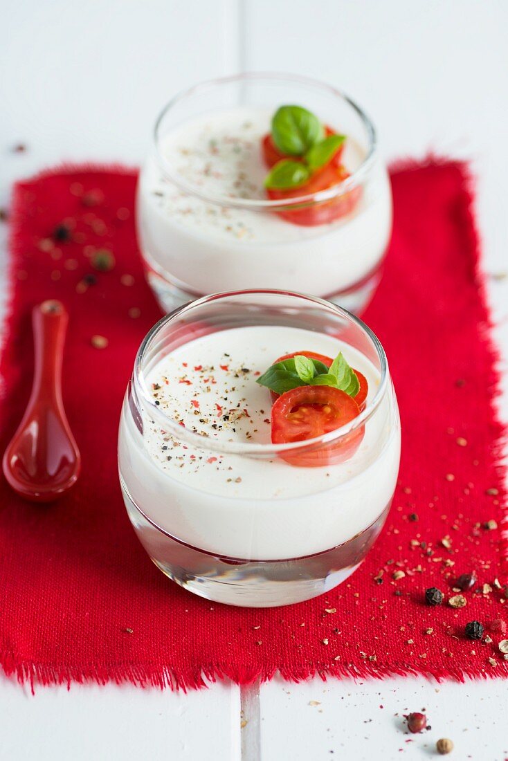 Goat's cheese panna cotta with tomato and basil