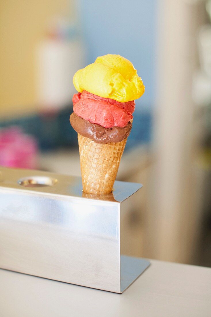 An ice cream cone in an ice cream parlour