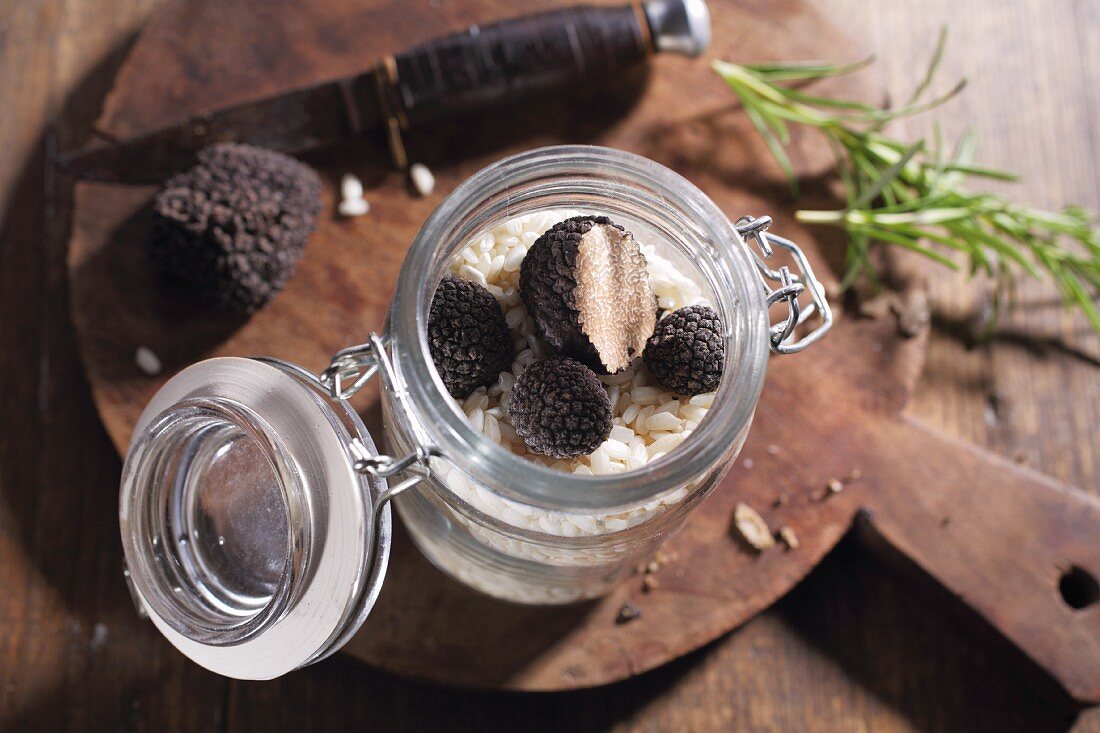 Risotto rice and black truffles in a jar