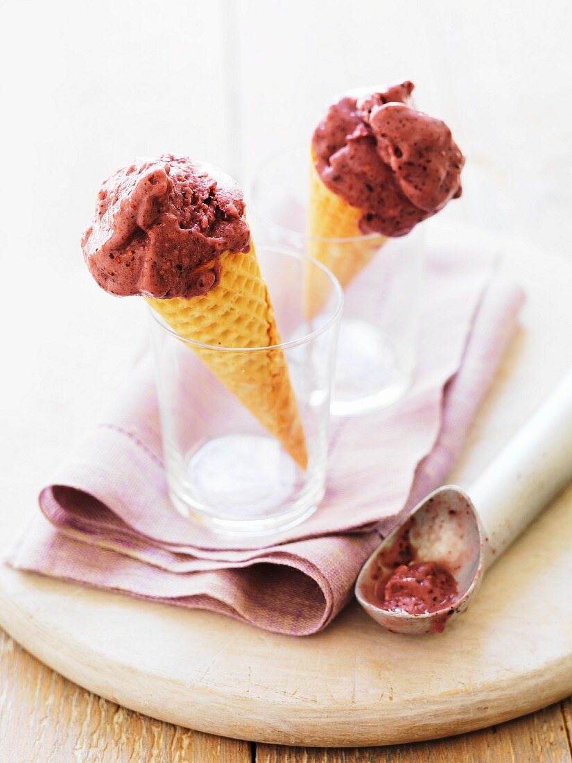 Berry ice cream in cones