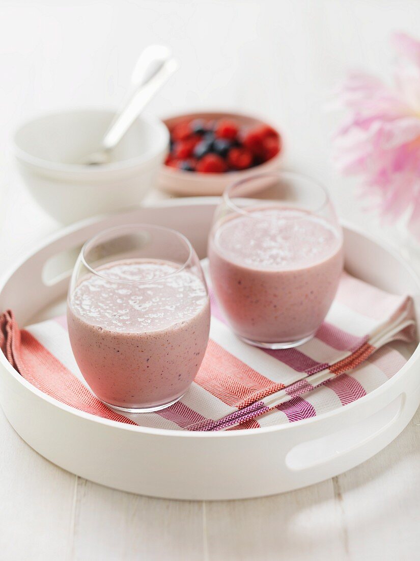 Berry smoothies on a tray