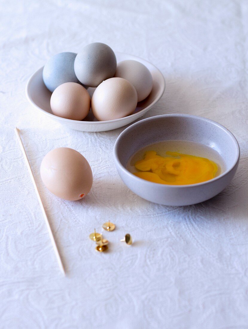 Ausgeblasenes Ei und Schale mit Eiern