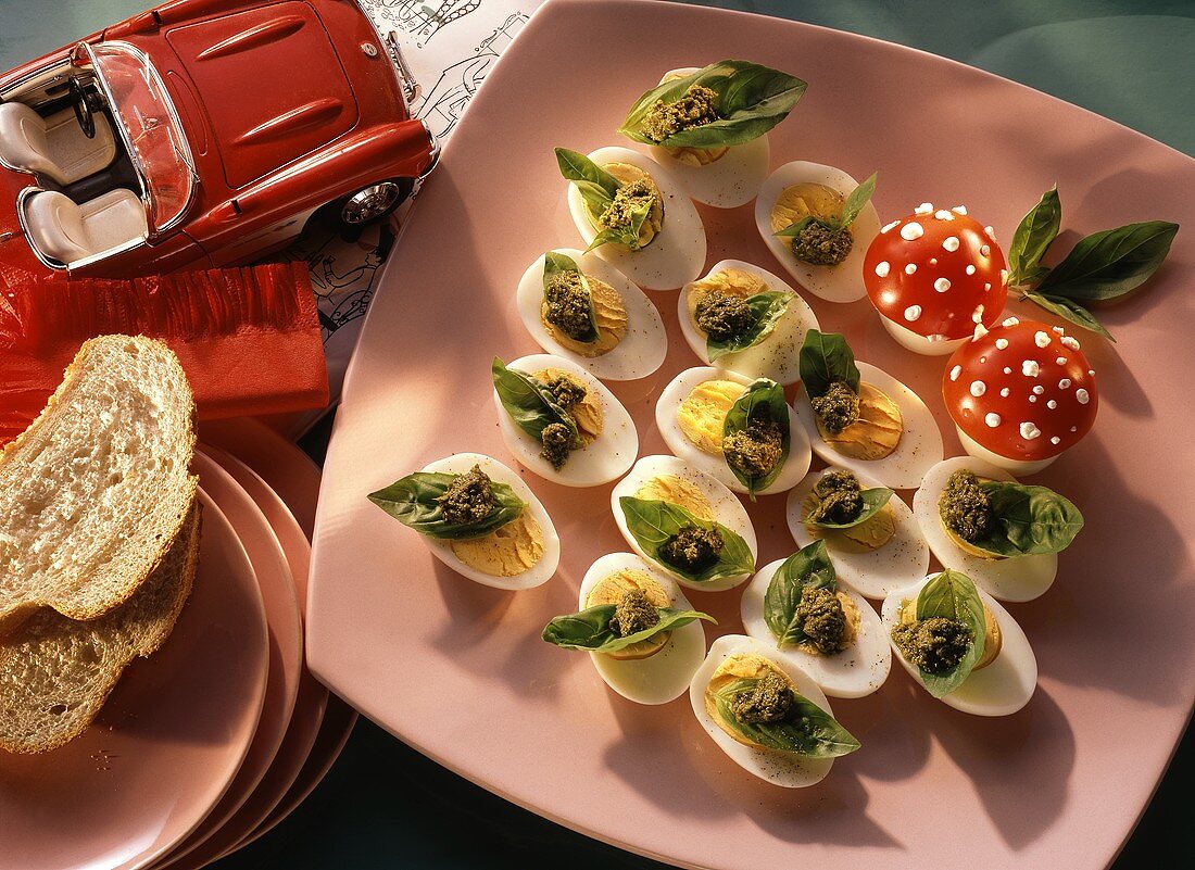 Basil eggs and mushroom eggs as party snacks