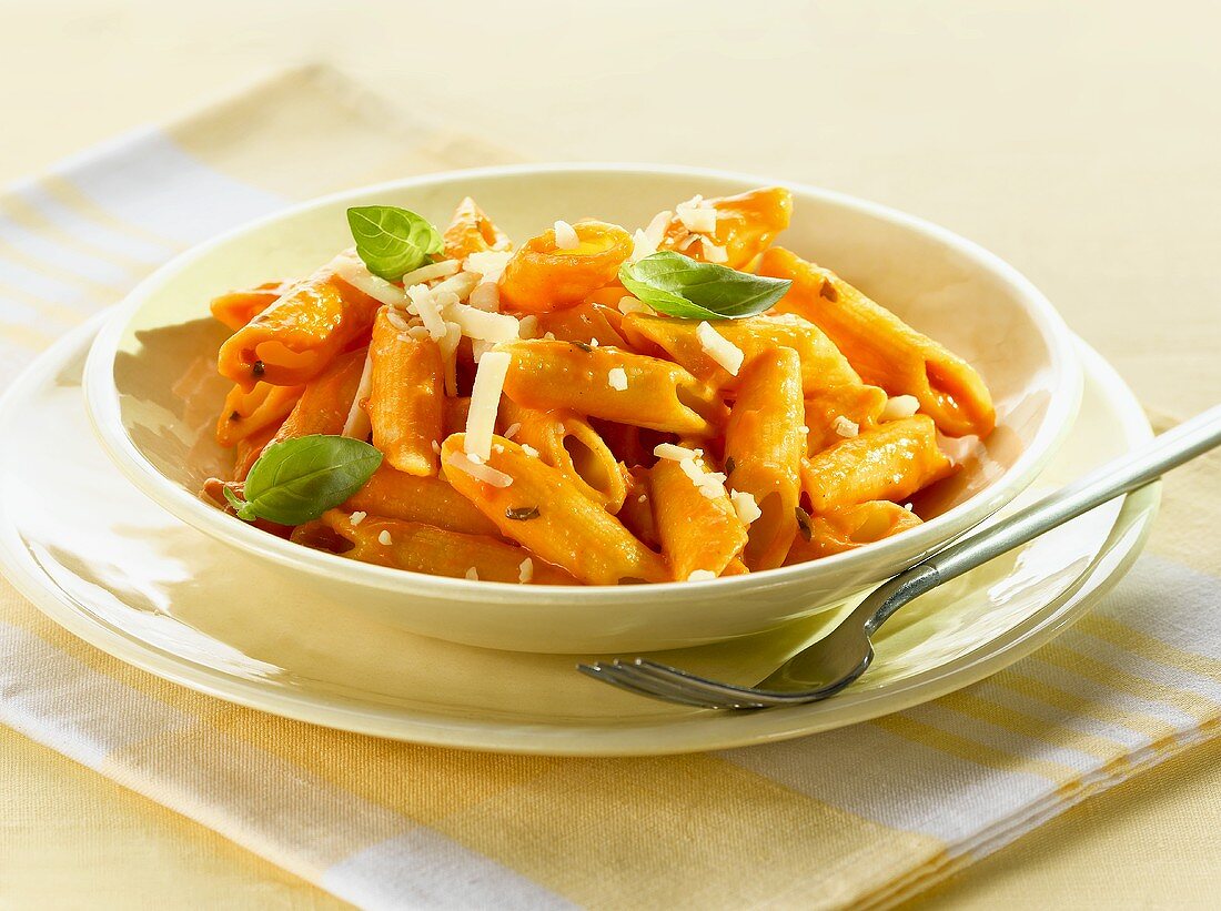 Penne pasta with tomato sauce and cheese