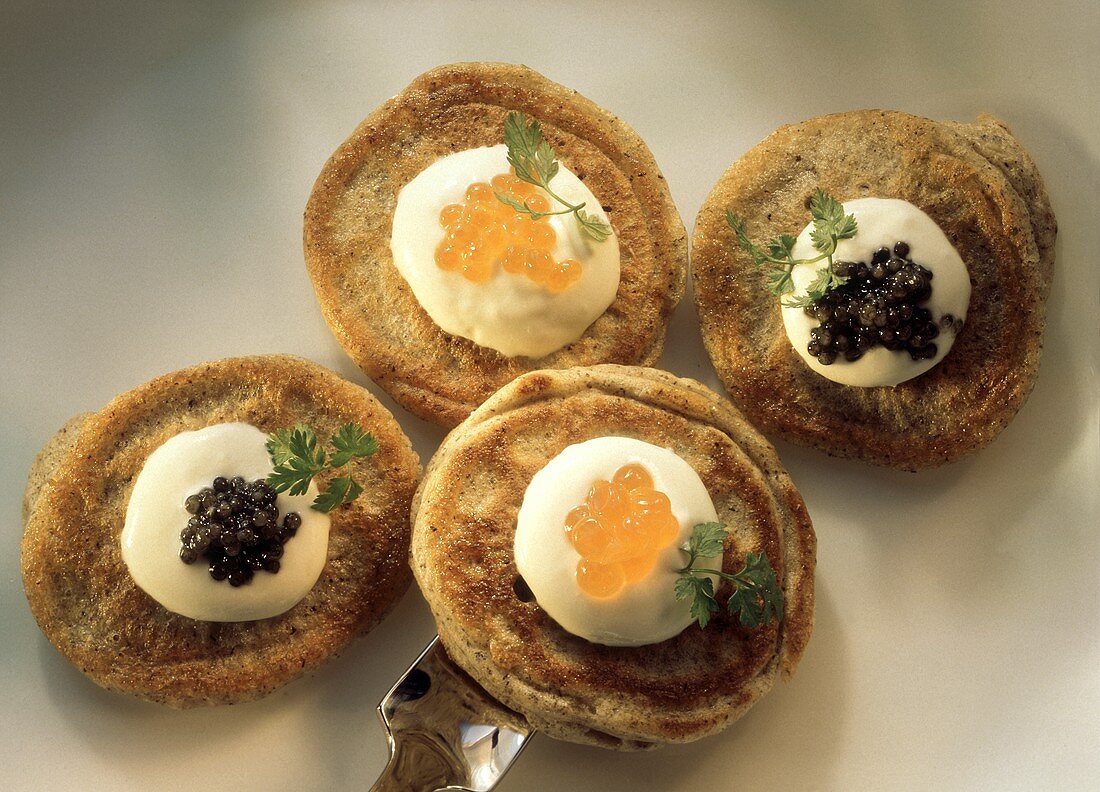Buckwheat Pancakes with Cream and Caviar