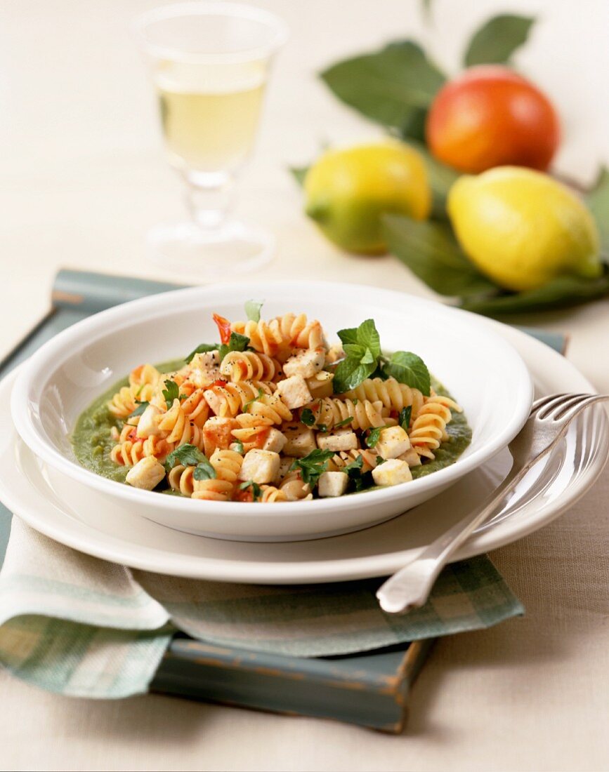 Rotini Pasta Dish in a White Bowl