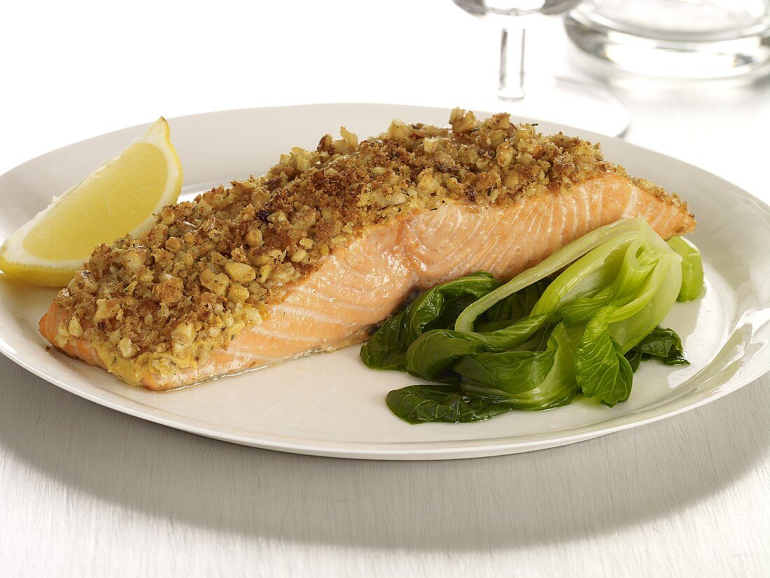 Crusted Salmon Fillet with Bok Choy and a Lemon Wedge
